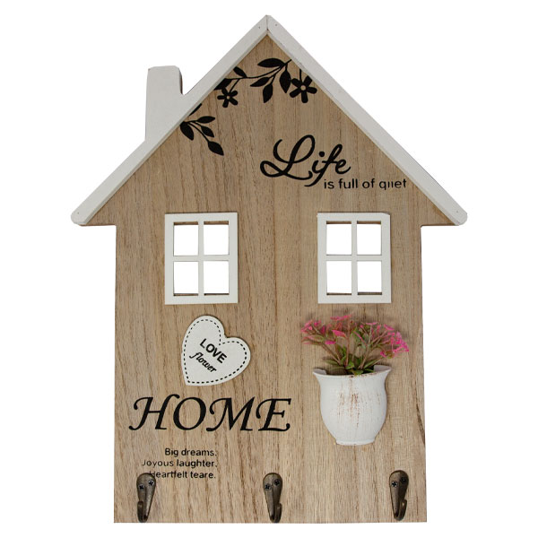 DECORATIVE WOODEN HOUSE SHAPE WALL MOUNTED KEY HOLDER WITH 3 HOOKS | 83097
